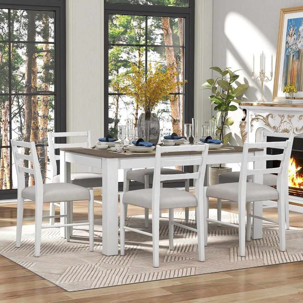 7 Pieces Dining Table Set Wooden Rectangle Extendable Table with 12” Leaf and...