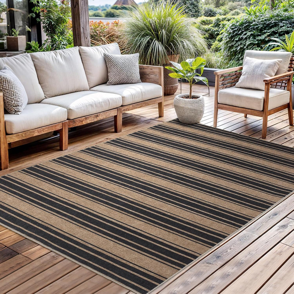 Zeeinx Striped Easy Jute Rug 5x7 Outdoor Patio Rug Neutral Porch Rug