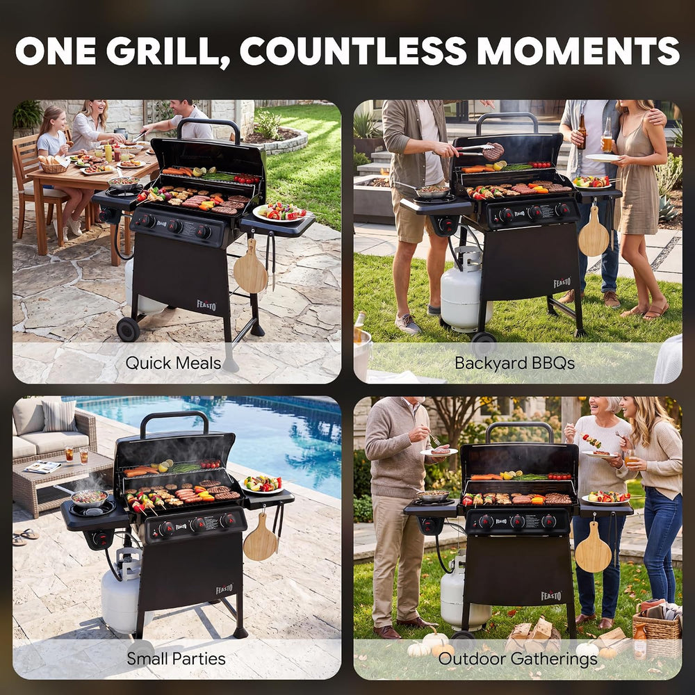 Feasto 3-Burner Propane Gas Grill with Side Burner for Outdoor Cooking