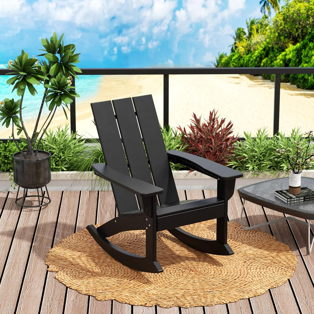 WO Home Furniture Modern HDPE Outdoor Adirondack Rocking Chair, Black