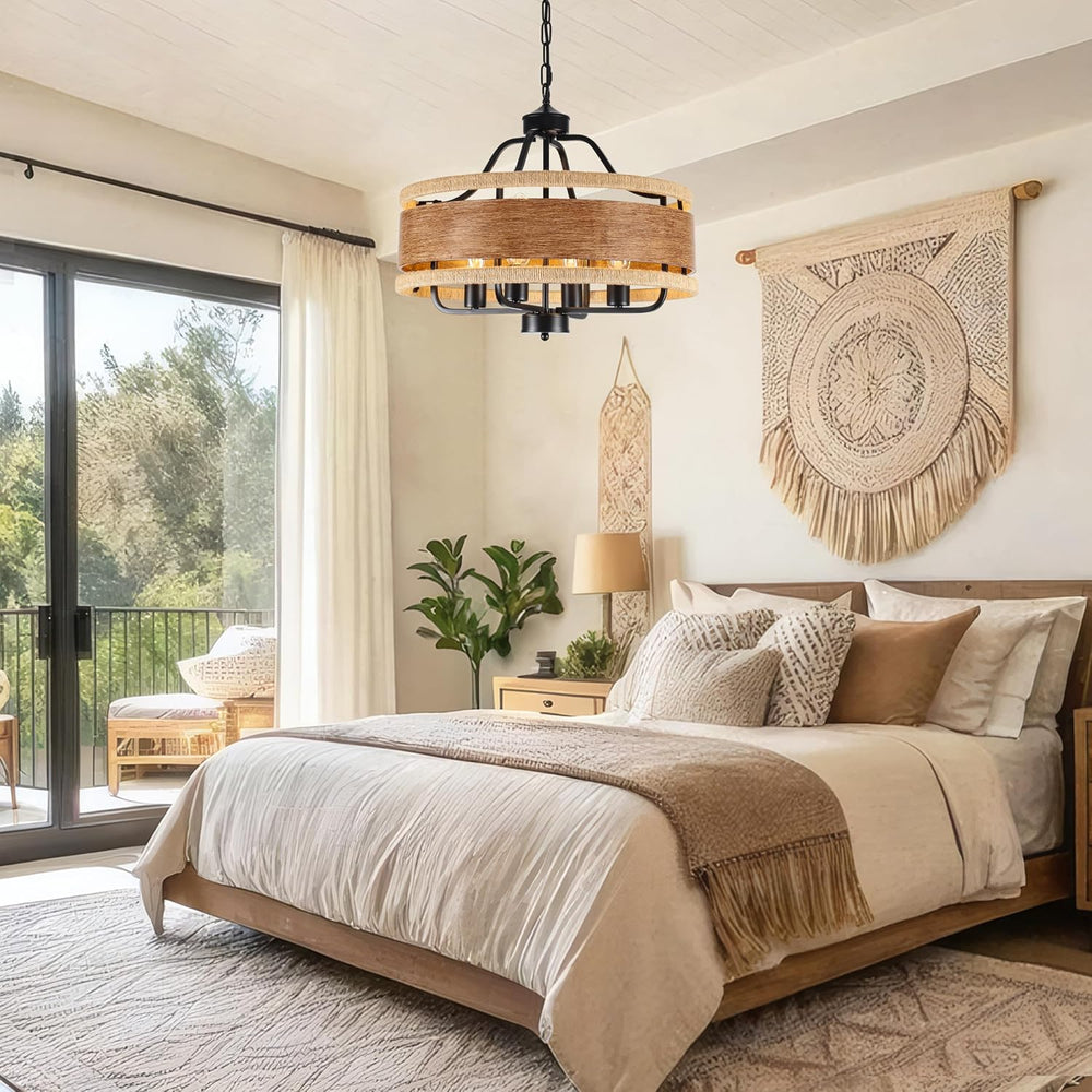 4-Light Farmhouse Chandelier 20" Wood Texture Woven Rattan Chandeliers