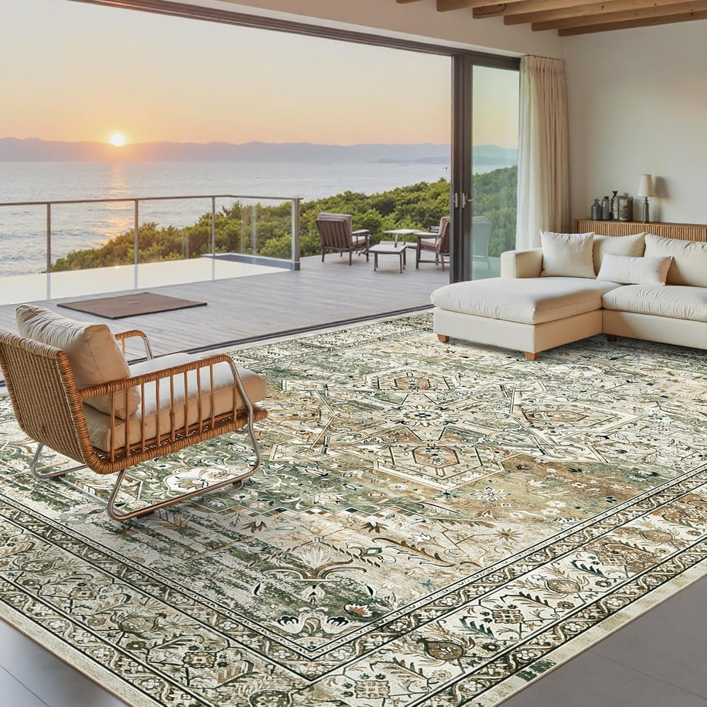Soalmost 9x12 Area Rugs for Living Room Washable Rug Non-Slip Olive Beige