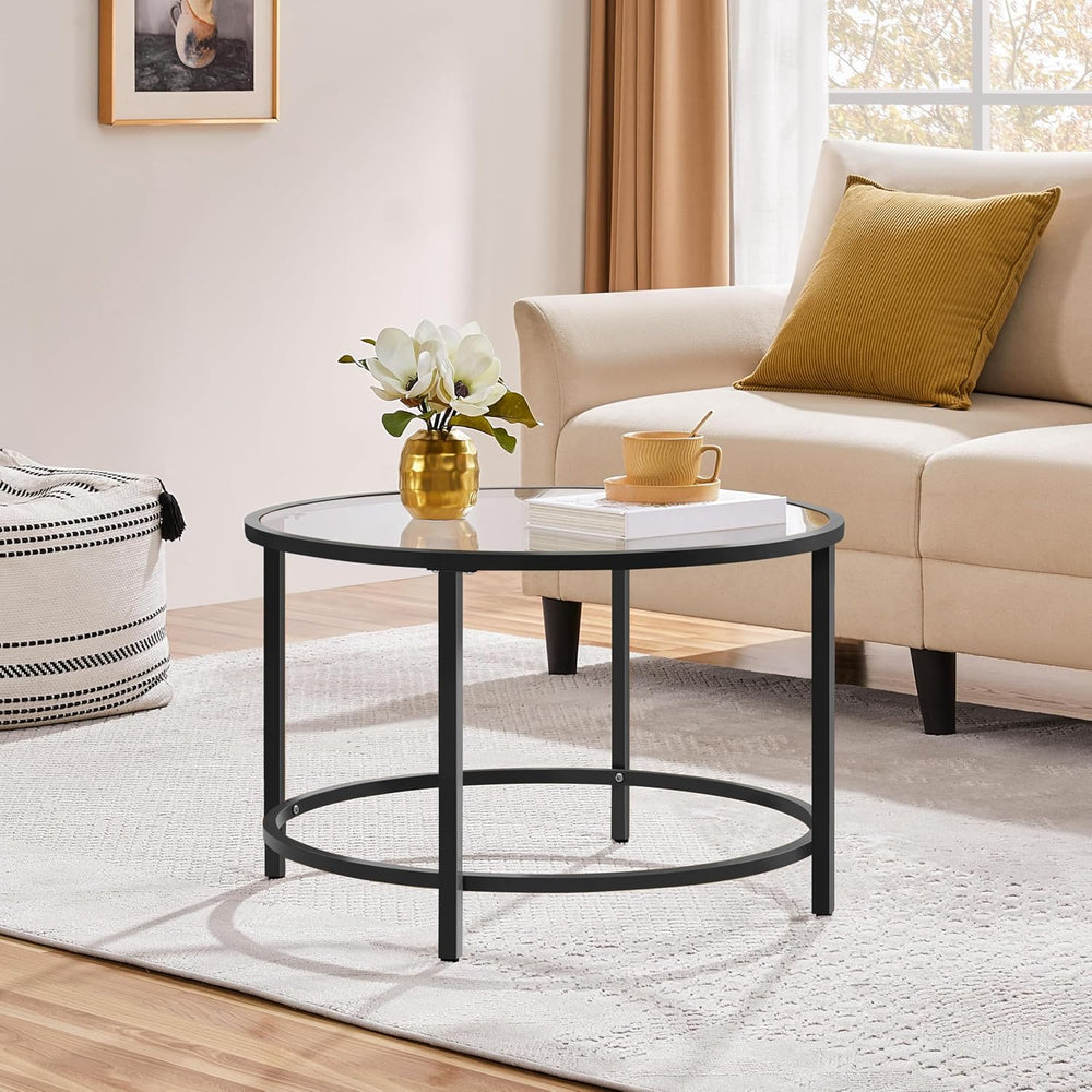 Yaheetech 27.6" Black Round Glass Coffee Table for Living Room, Metal Frame
