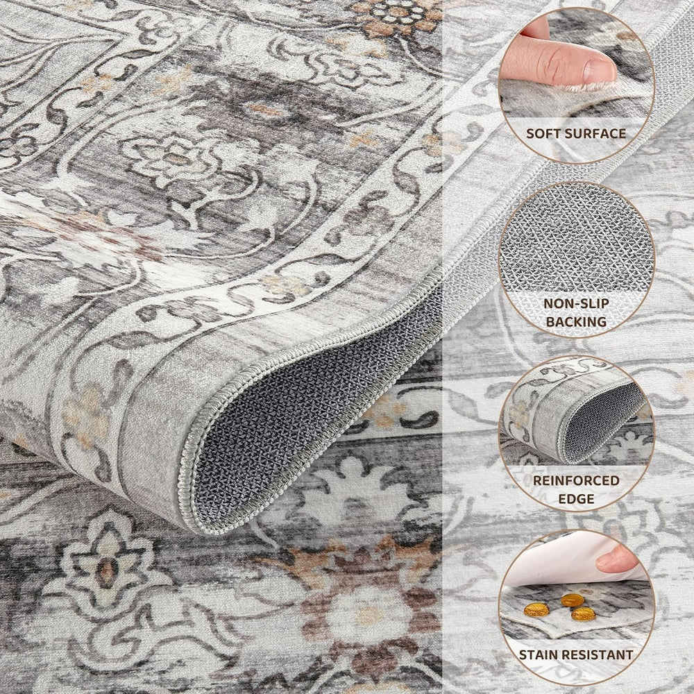 Vintage Washable 7x9 Area Rug, Non-Slip Indoor Carpet, Grey