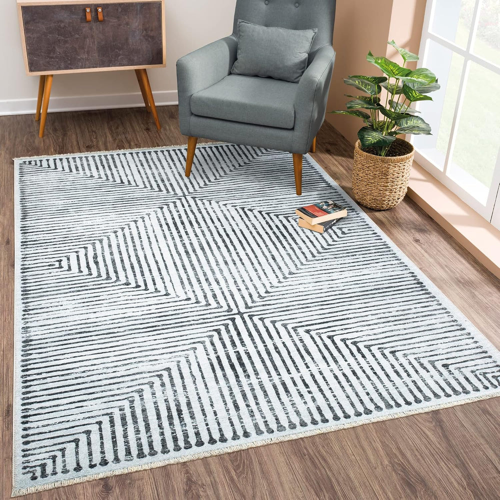 Bloom Rugs Caria Washable Non-Slip 9x12 Rug - Ivory/Black Striped Area Rug fo...