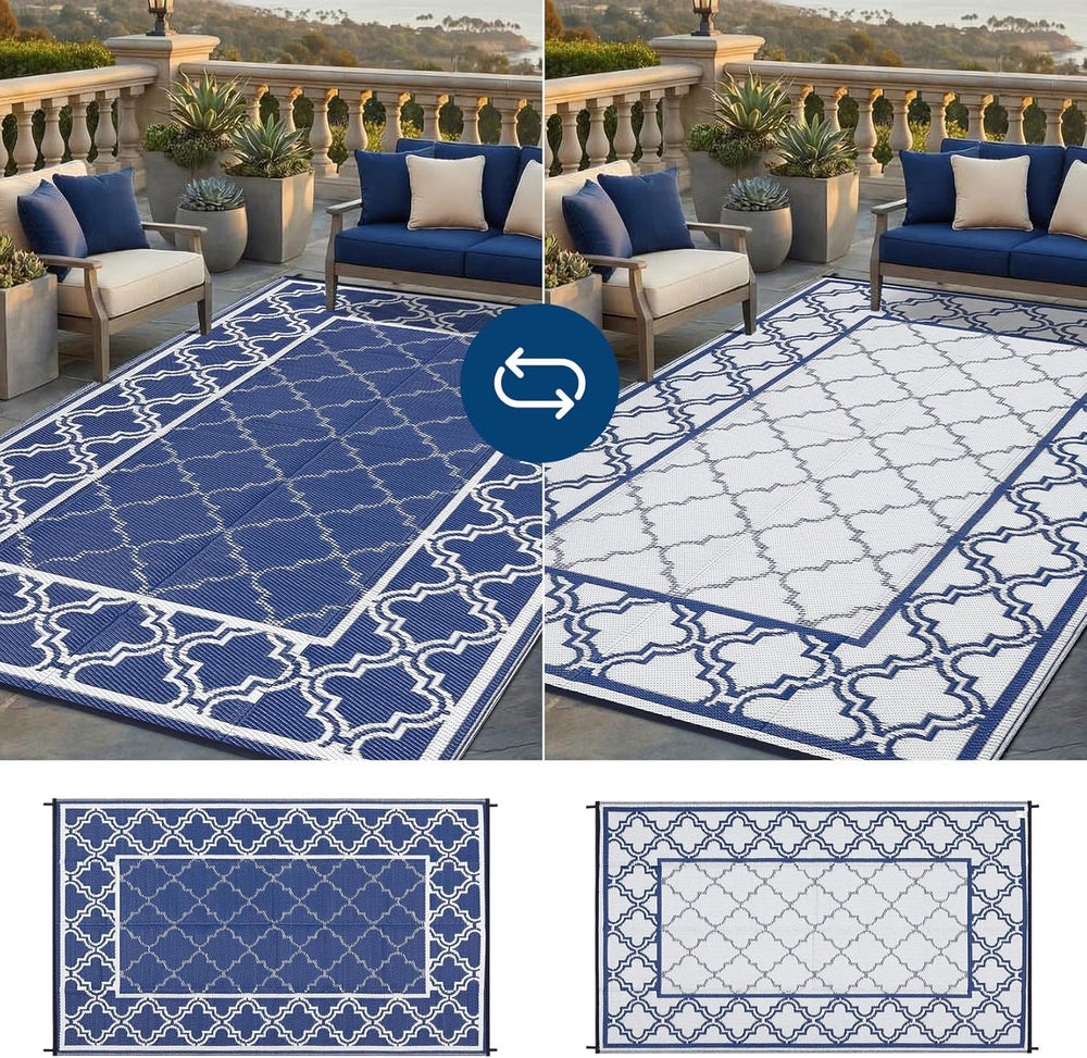 Garvee Reversible Outdoor Rug 6x9, Waterproof Outdoor Plastic Rug, Blue