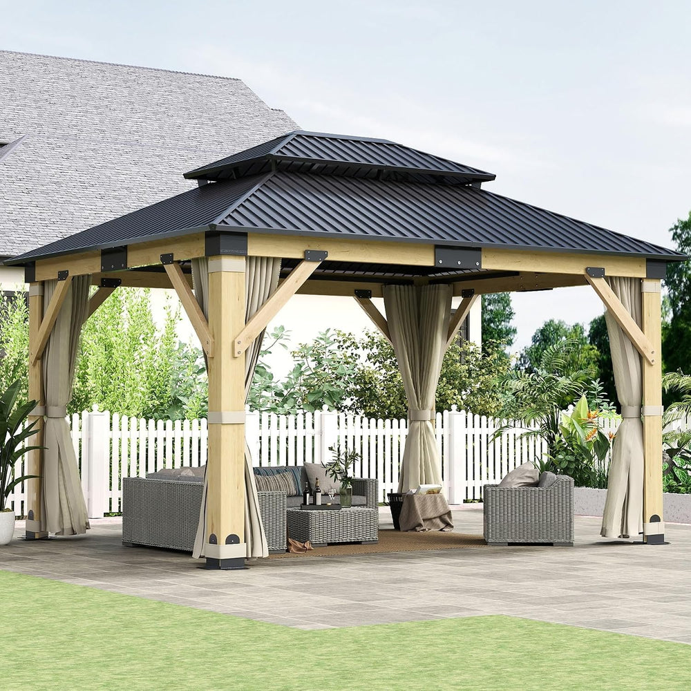 11x13FT Wood Gazebo, Outdoor Wooden Gazebo with Galvanized Steel Double Roof,...