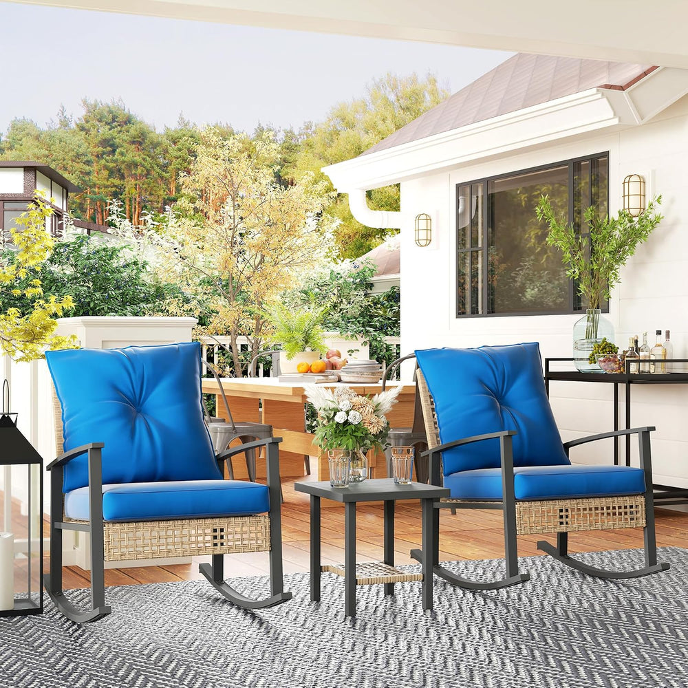Outsunny 3 Pieces Rocking Wicker Outdoor Bistro Set Porch Chairs Dark Blue