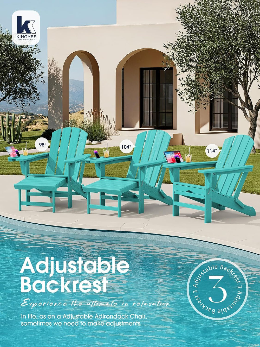 KINGYES Adjustable Folding Adirondack Chair with Footrest & 4-in-1 Multi-...