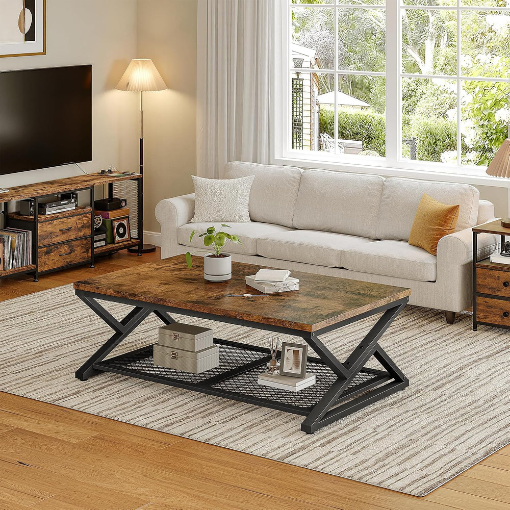 EnHomee Coffee Table, Storage & Shelf, X-Frame Stability, Rustic Brown