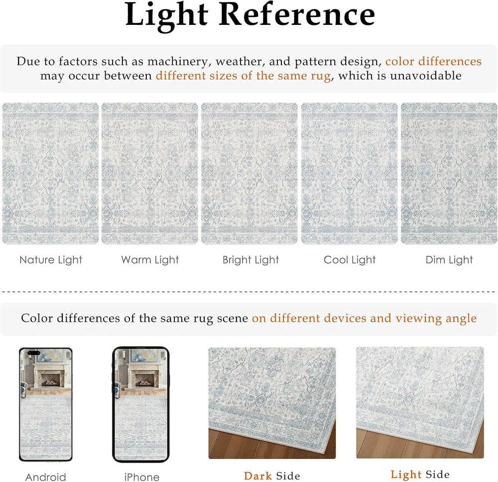 HUGEAR 3x8 Light Blue Vintage Floral Washable Runner Rug for Hallway