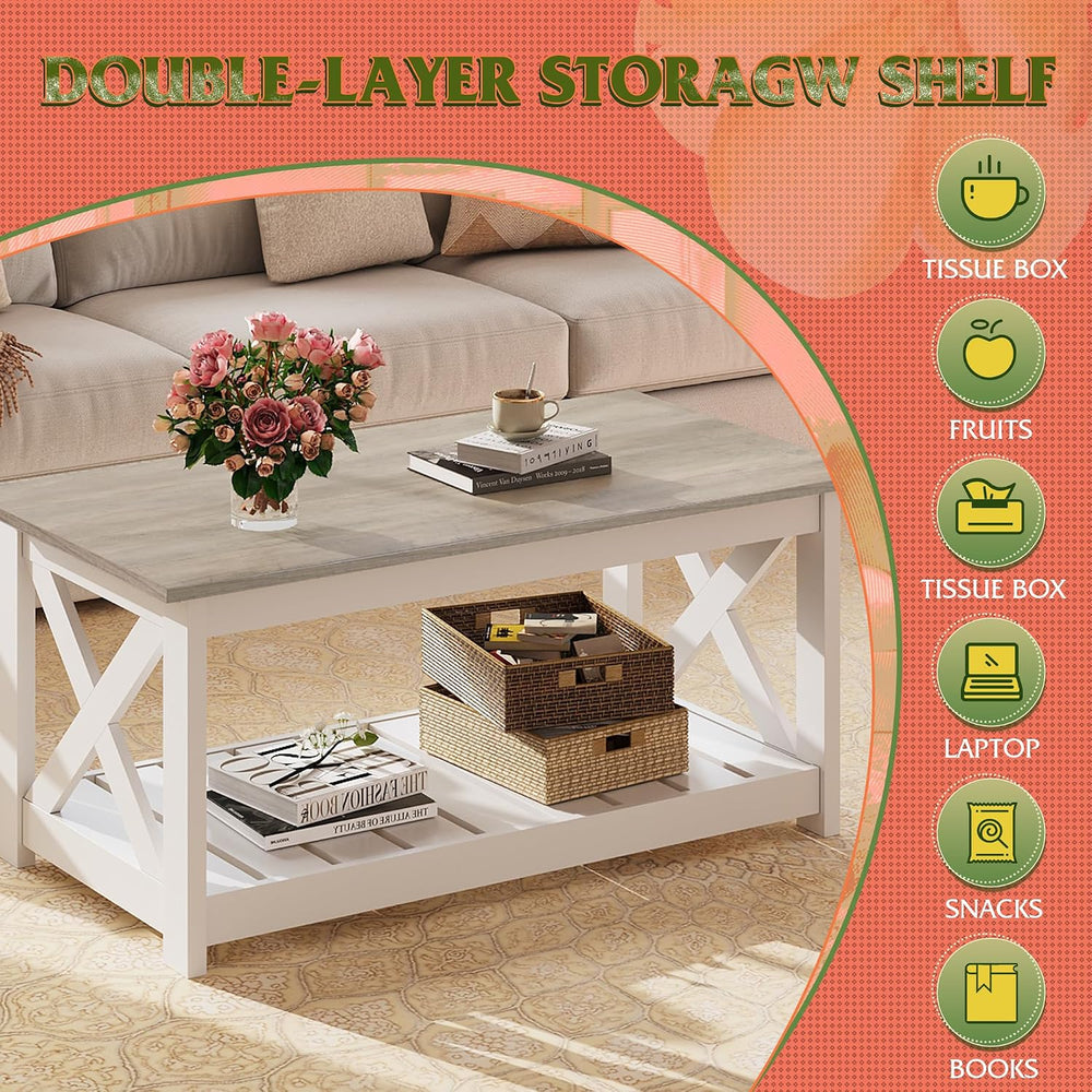 WLIVE Farmhouse Coffee Table for Living Room, 40.1" Rustic Center Table ...