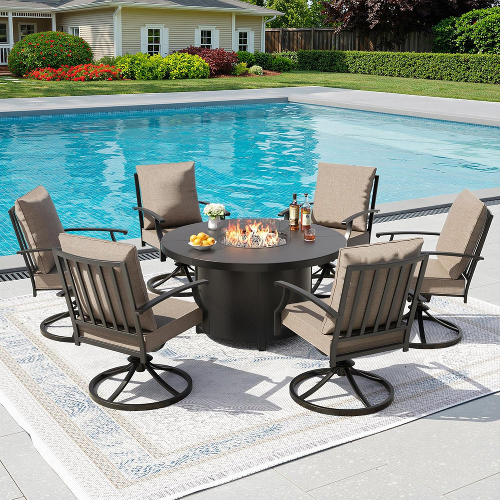 Kurapika 7 Piece Metal Outdoor Patio Furniture Set with Round Fire Pit Table,...