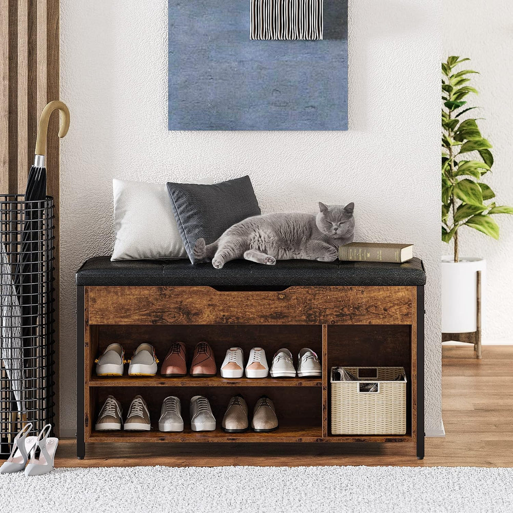 Shoe Bench, Lift Top Shoe Storage Bench, Adjustable Shelf Entryway Bench, Met...