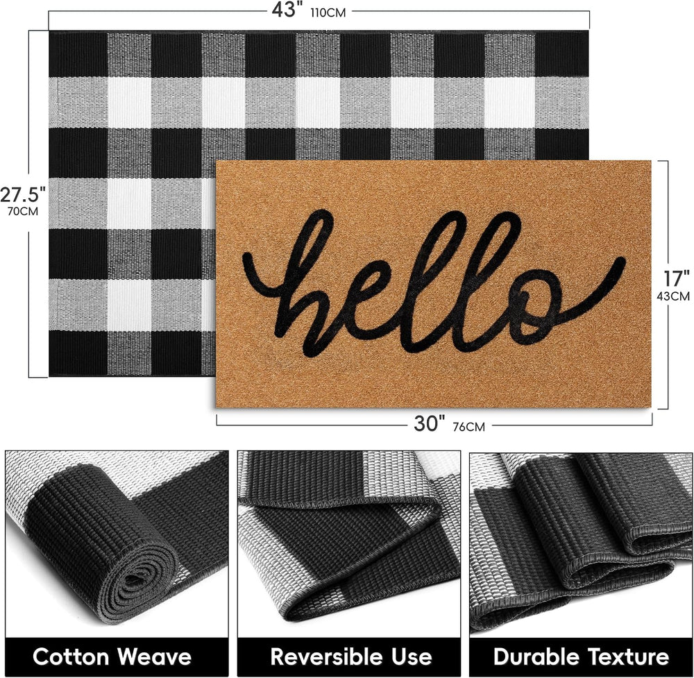 2 Pcs Welcome Door Mat Set, Layered Hello Coir Doormat with Black and White B...
