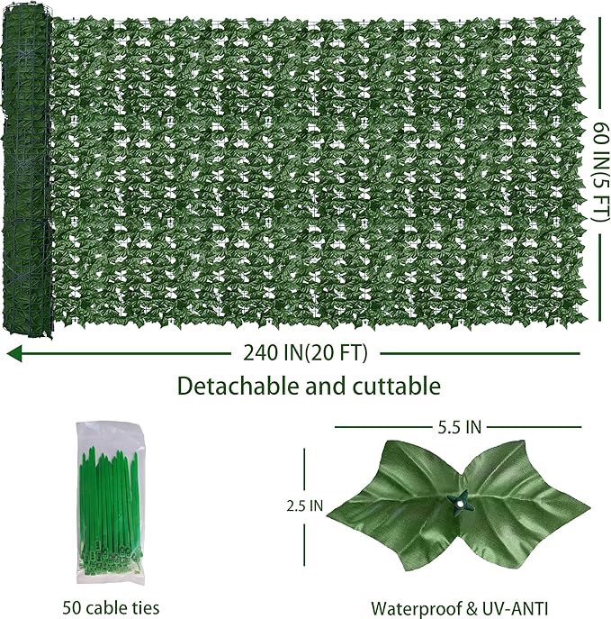 Artificial Fence Privacy Screen: 5FT x 20FT UV-Anti Faux Greenery Backdrop Iv...