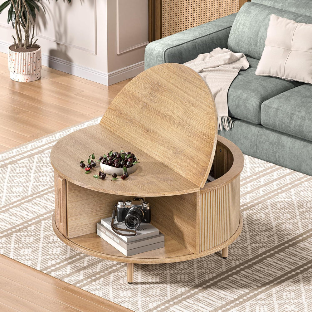 Round Coffee Table, 31.5" Fluted Center Table with Storage, Lift-Top Cof...