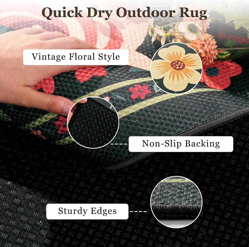 PADOOR Outdoor Rug 5x7 ft, Floral Washable Indoor Outdoor Area Rug, Flat‑Wove...