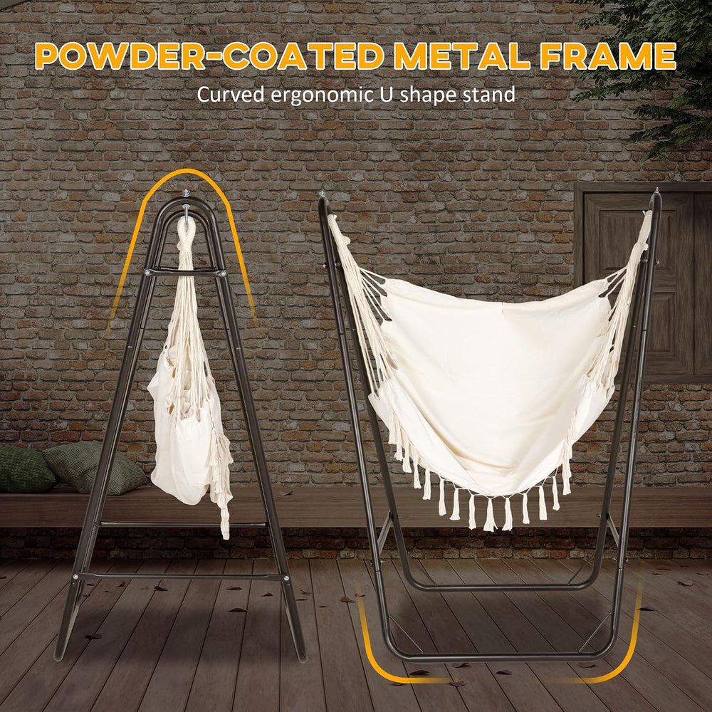 Outsunny Patio Hammock Chair Outdoor with U Shape Stand Brown/Cream White