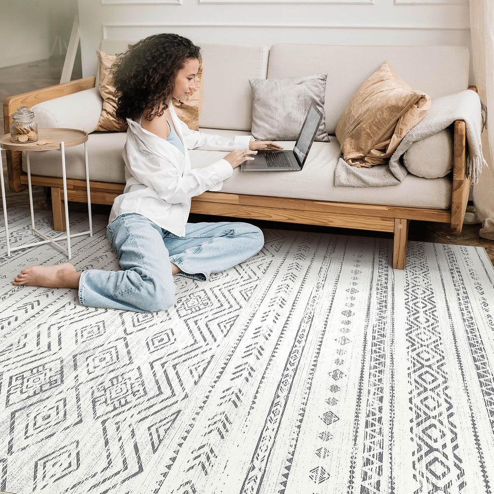 Tortania Area Rug Living Room Rugs- 9x12 Washable Large Soft Neutral Boho Mor...