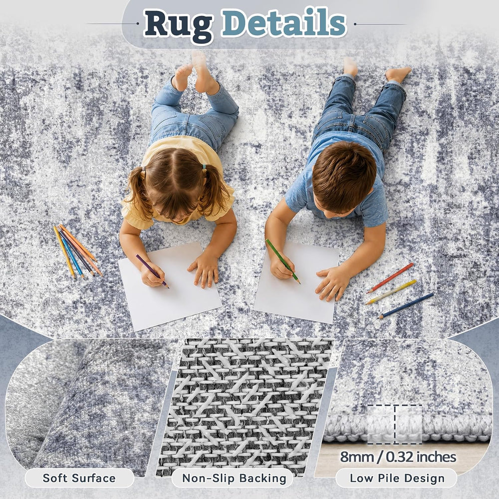 6x9 Area Rugs for Living Room: Washable Abstract Rug Blue Grey