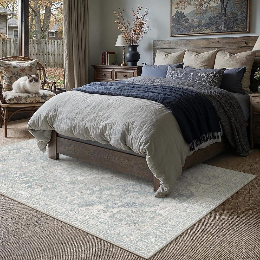 PureCozy Blue Area Rug 8x10 Living Room Vintage Floral Non-Slip Carpet