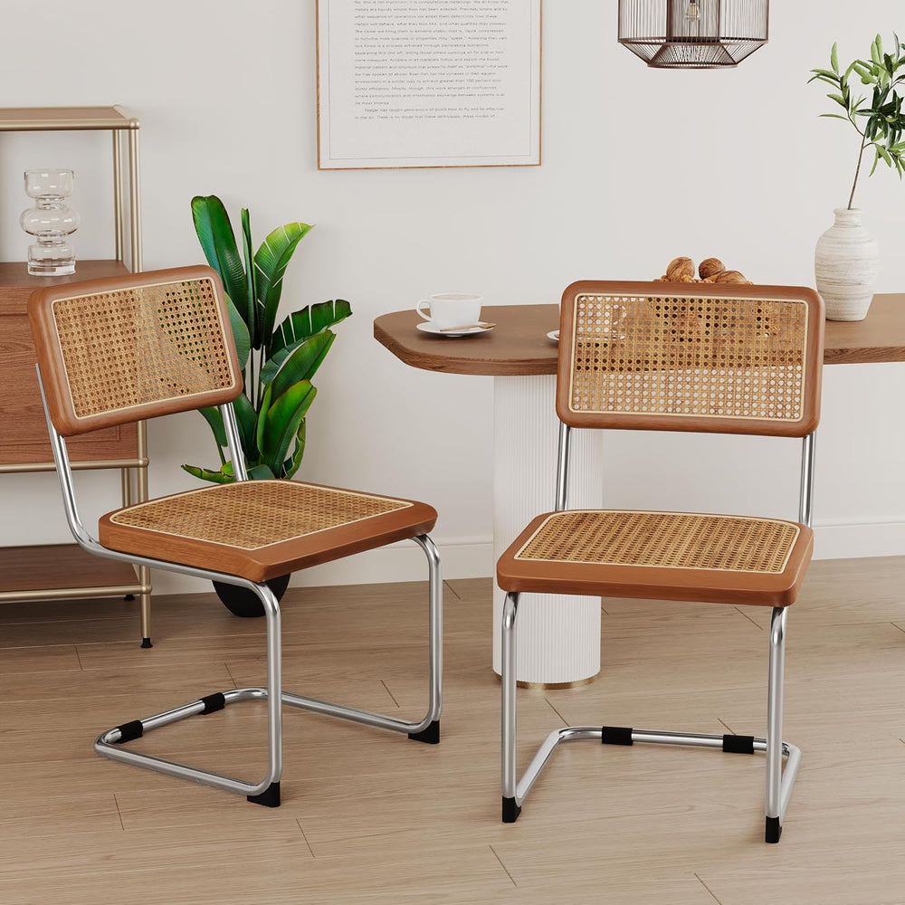 Alunaune Modern Mid Century Dining Chairs Set of 2, Upholstered Natural Ratta...