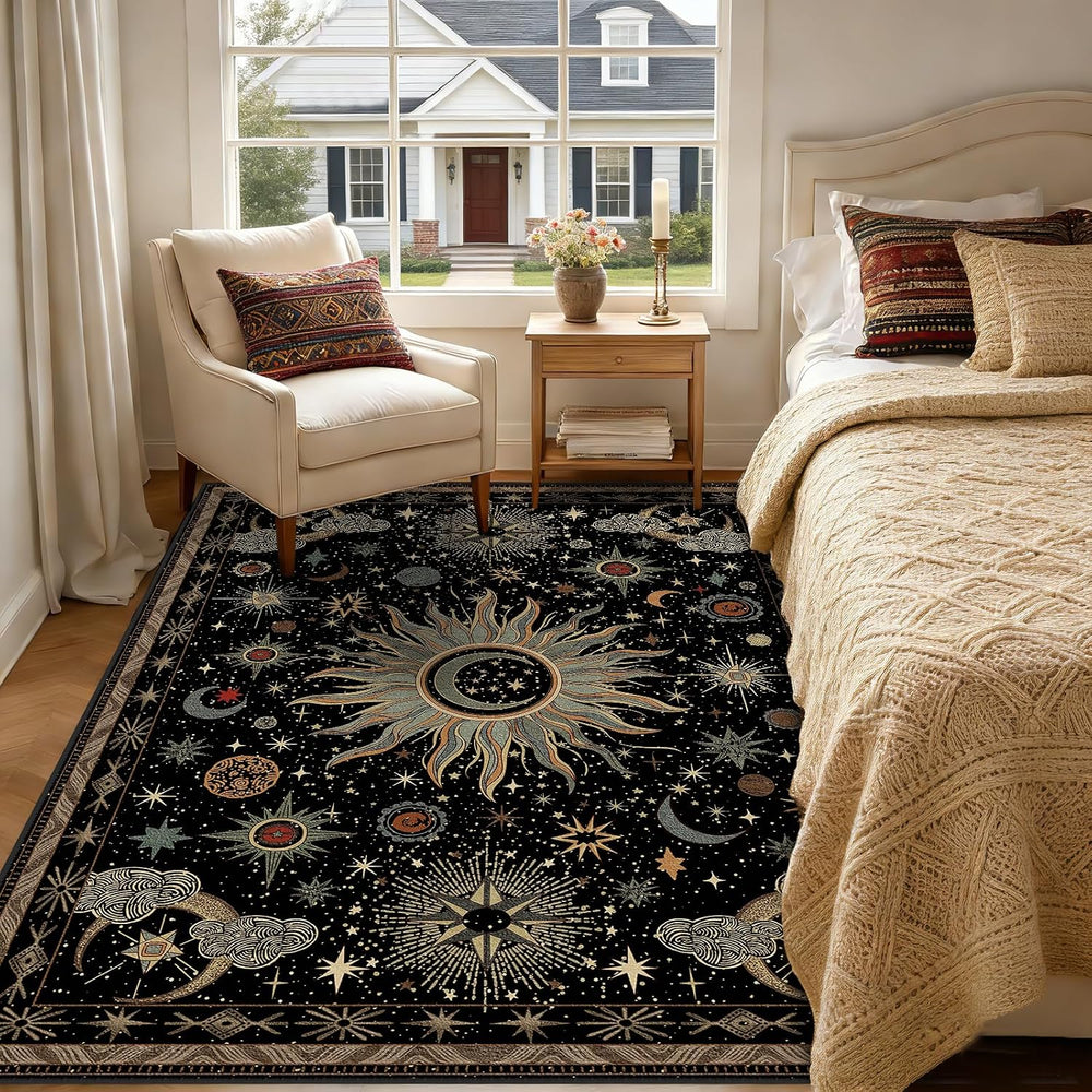 Vacuum-Friendly, 5x7 Washable Area Rug, Black Green Beige