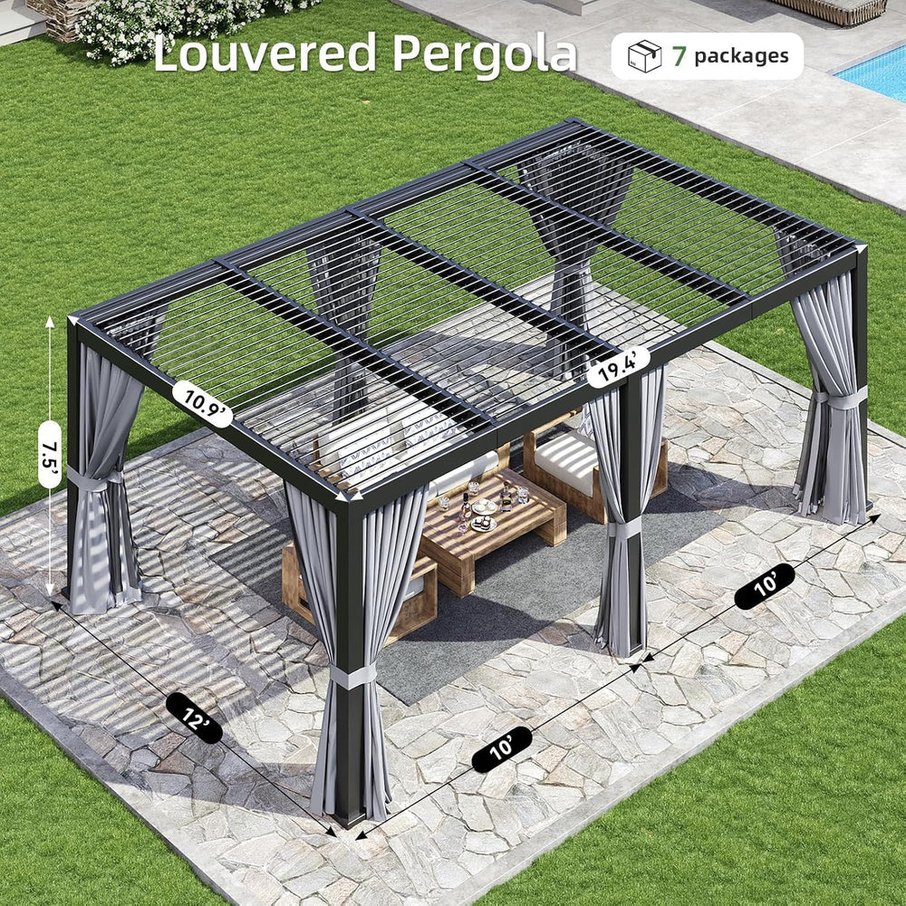 Aoxun Louvered Pergola 12x20 All-Aluminum, Waterproof Curtains and Netting