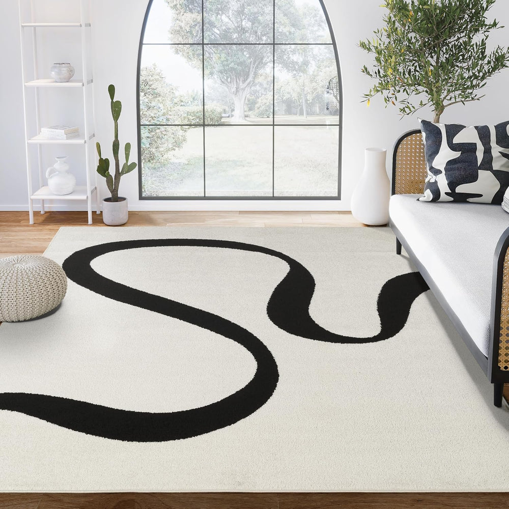 Abani Black and Cream Area Rug | 9' x 12' White Abstract Swirl Wave C...