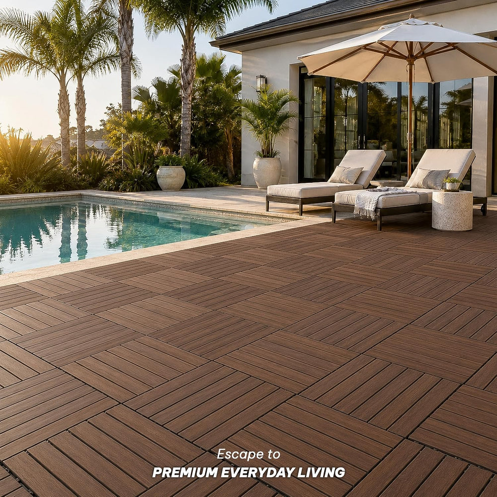 Acacia Interlocking Deck Tiles, 9 PCS Wood Flooring, 6 Slats, Walnut