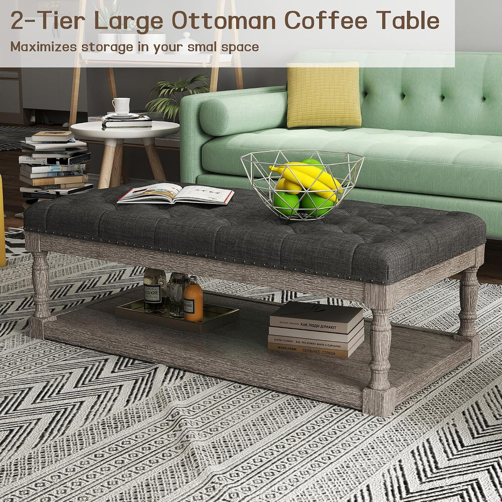 48" Large Ottoman with Storage Coffee Table, Upholstered Tufted Linen Ot...
