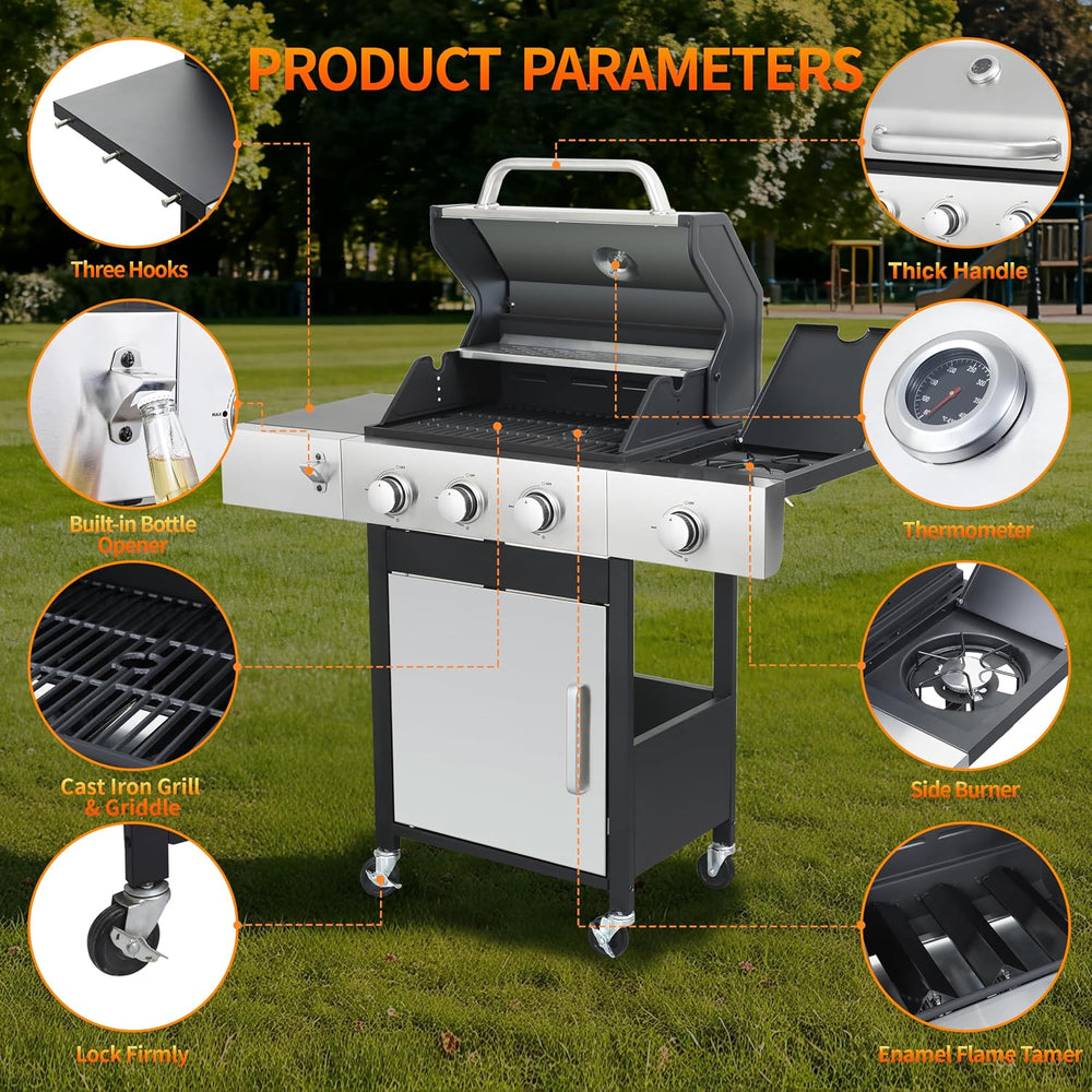 3-Burner Propane Gas Grill 39,000 BTU with Side Burner, Stainless Steel Doubl...