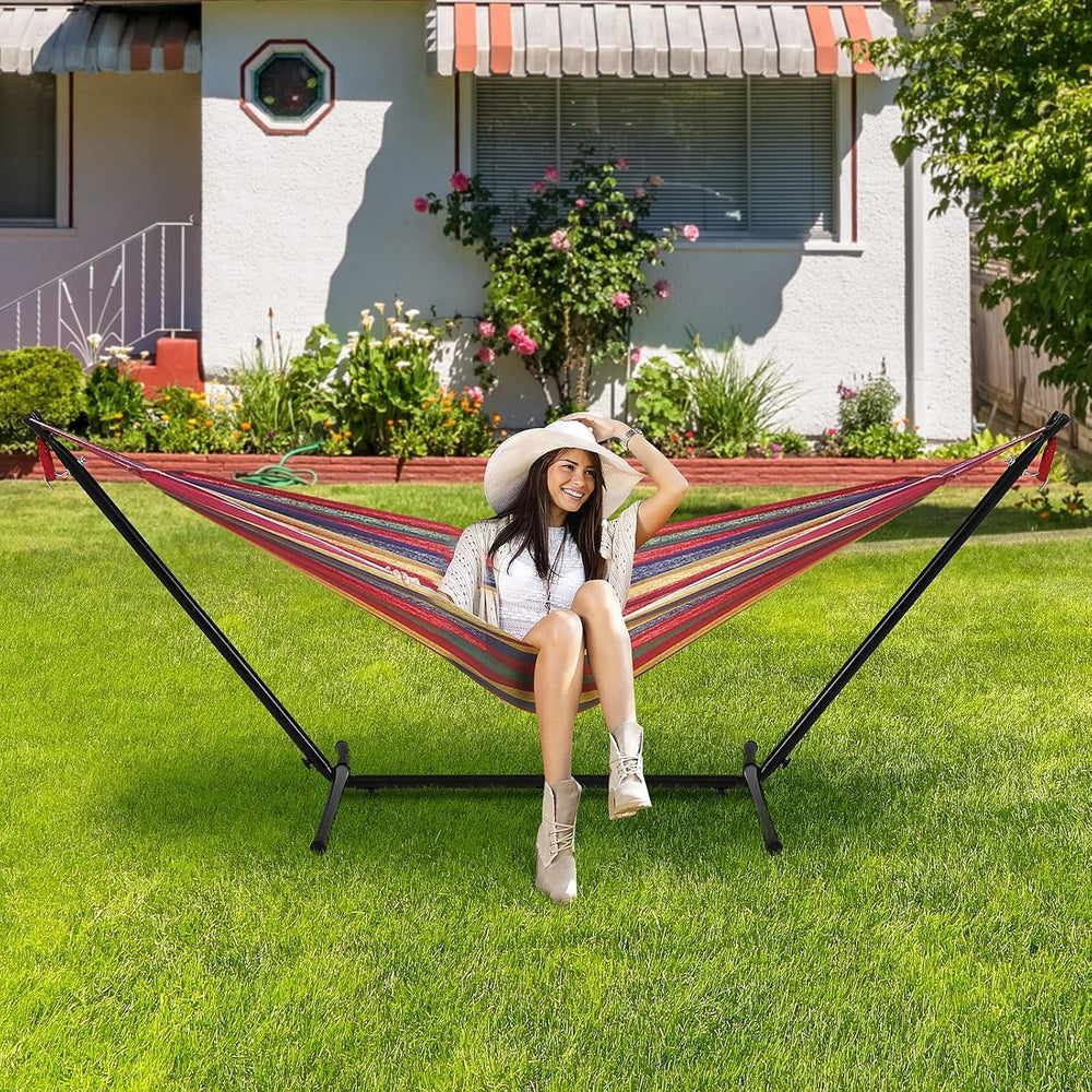 Double Hammock with Space Saving Steel Stand 400 lb Capacity, Portable Hammoc...