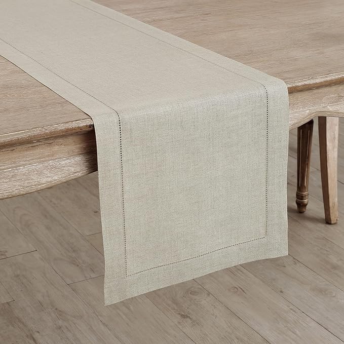 Solino Home Linen Natural Table Runner 48 Inches - Classic Hemstitch, 100% Pu...