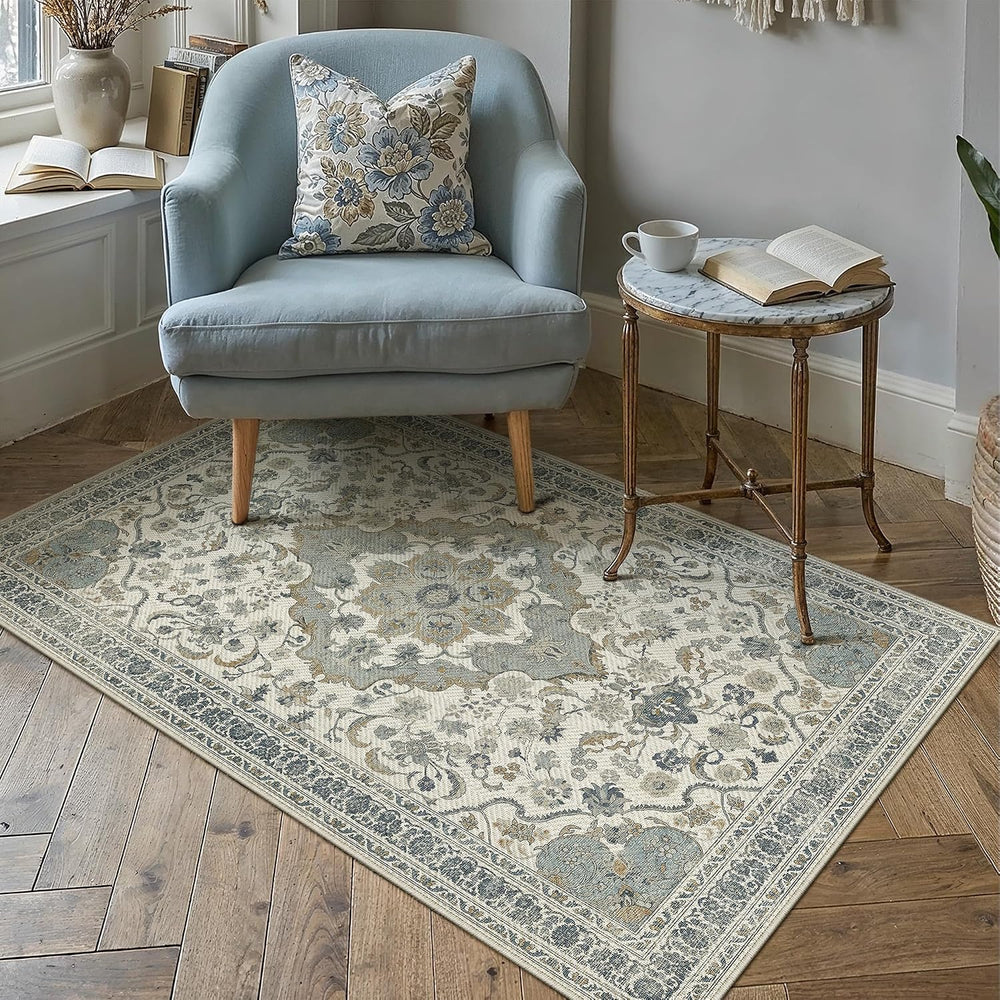 PureCozy Blue Area Rug 5x7 Easy Jute Washable Indoor/Outdoor Carpet