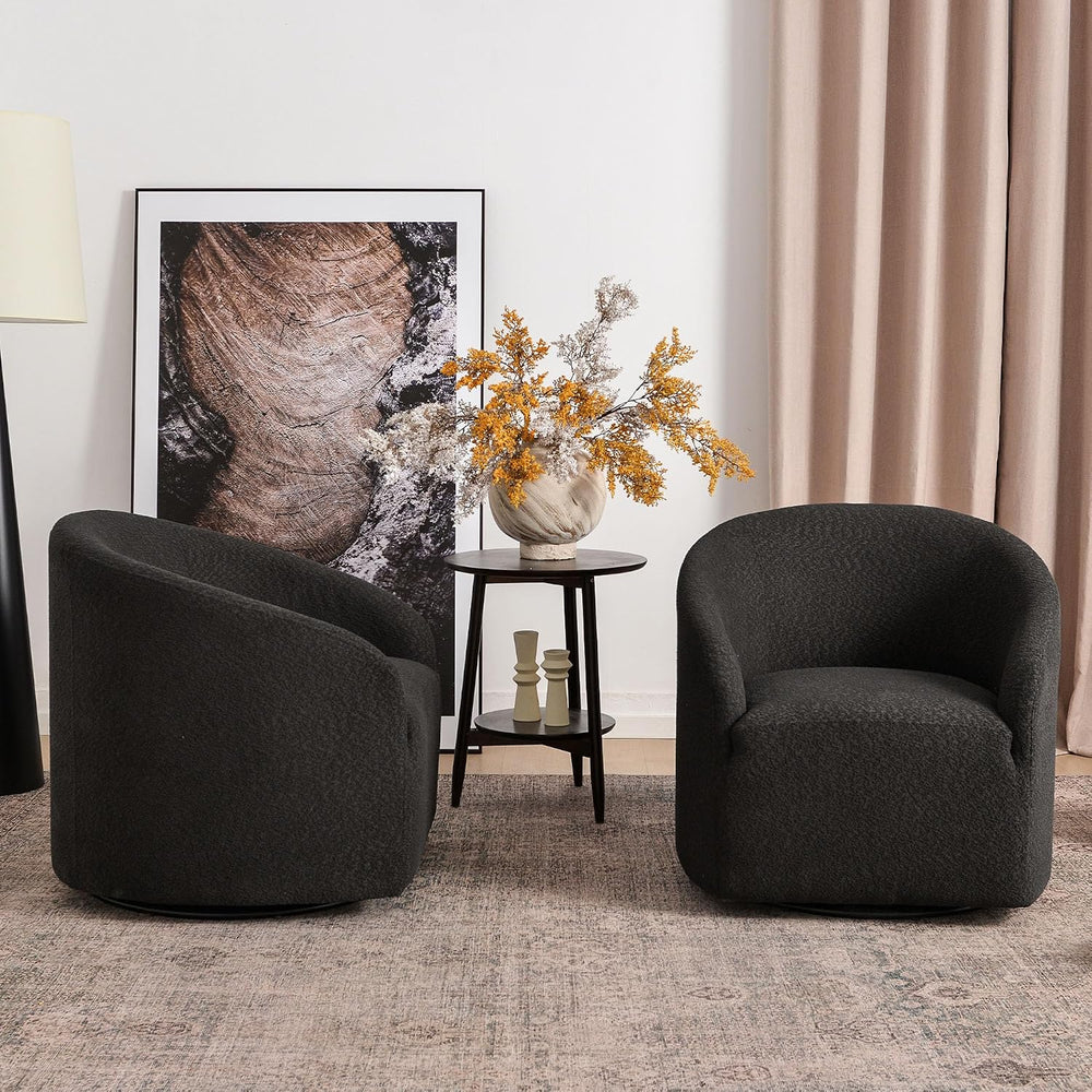 KINWELL 32" Wide No Assembly Boucle Swivel Barrel Chairs Set of 2, Black