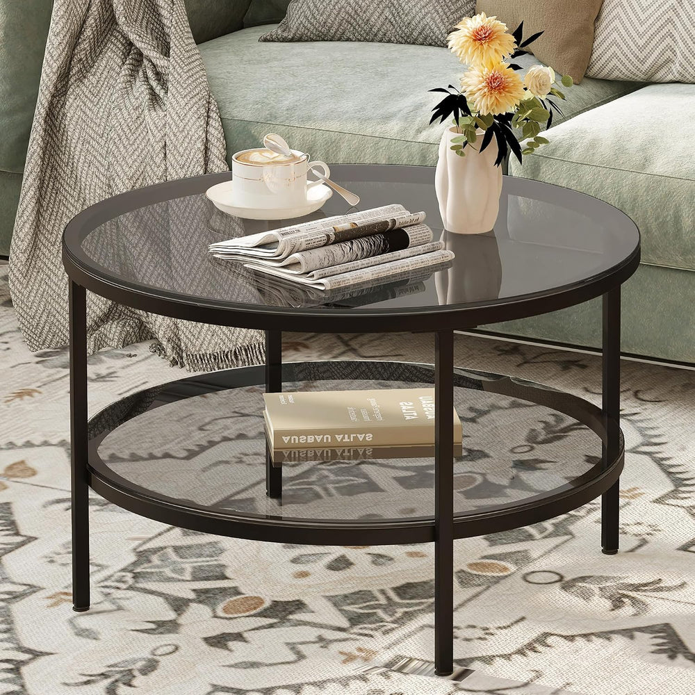 Yusong Round Glass Coffee Tables for Living Room, 2-Tier Circle Coffee Table ...
