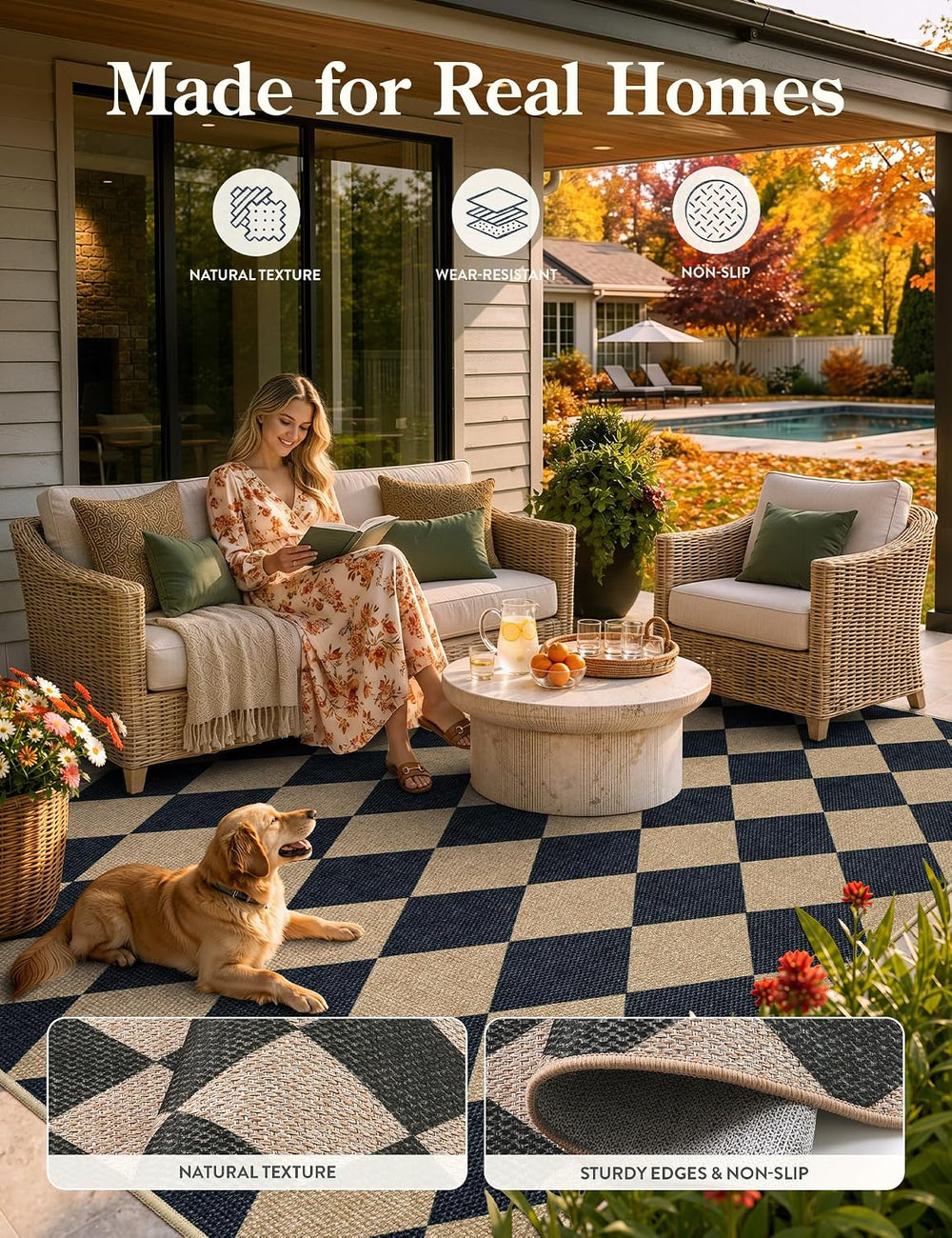 Lahome Checkered Easy Jute 5x7 Area Rugs, Washable Outdoor Patio Rug for Livi...