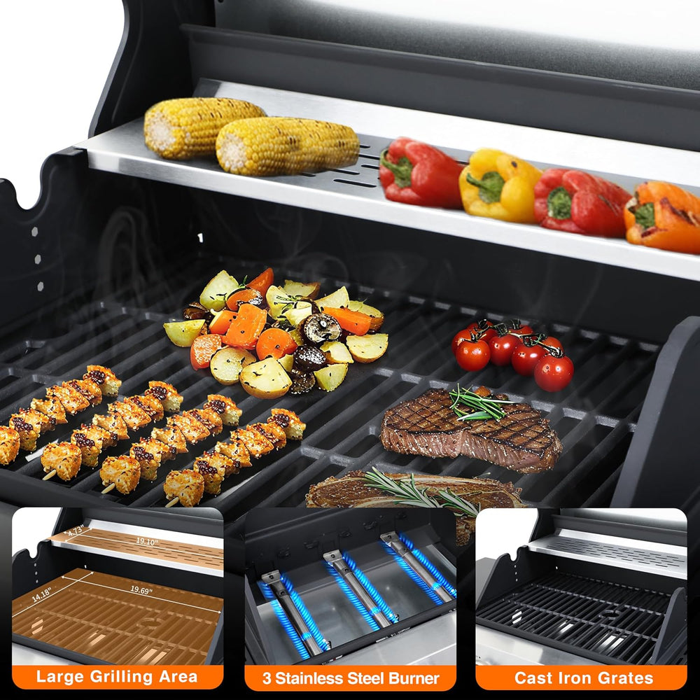 3-Burner Propane Gas Grill 39,000 BTU with Side Burner, Stainless Steel Doubl...