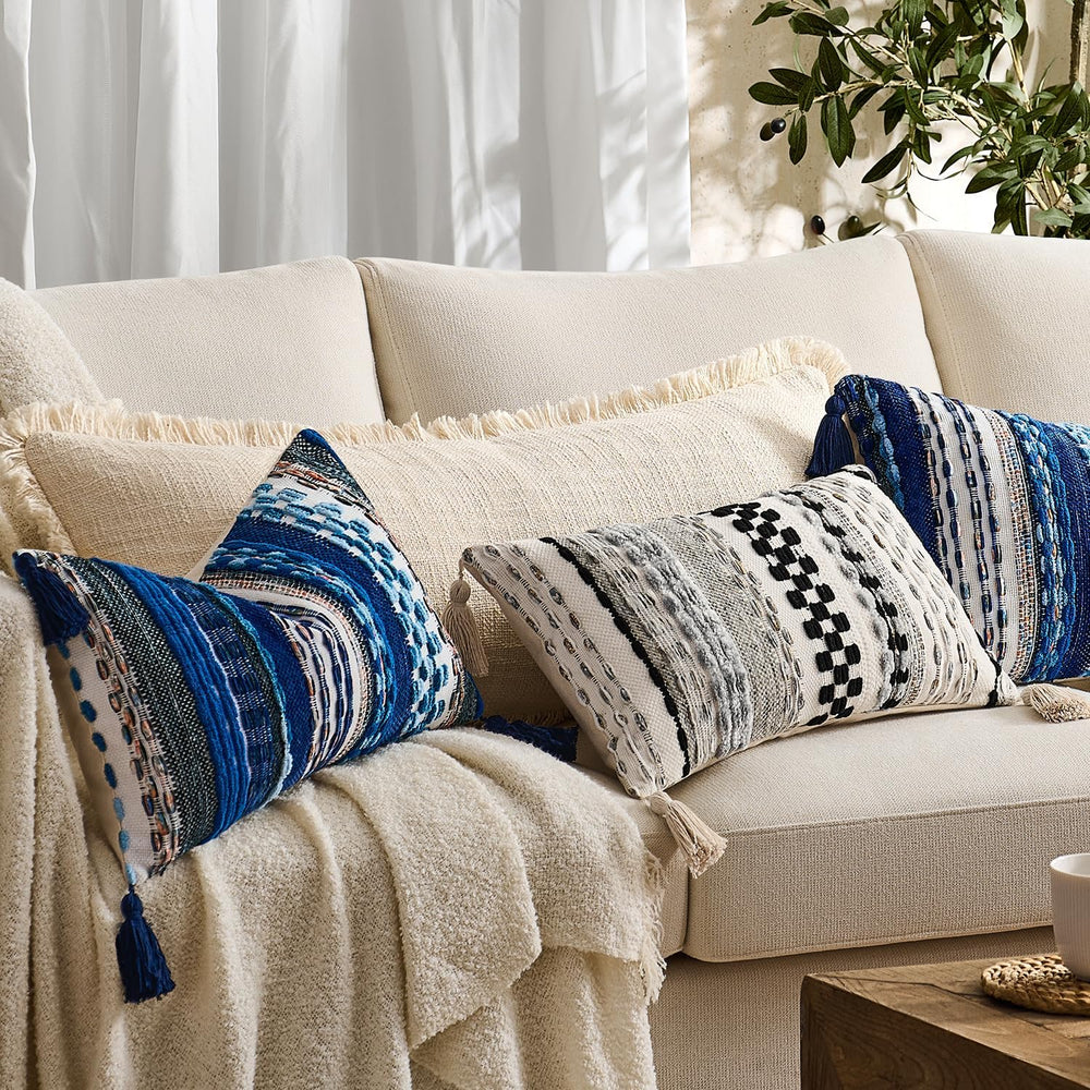 Kevin Textile Boho Tufted 14x36 Inch Lumbar Pillow Cover 1 Pack, Blue