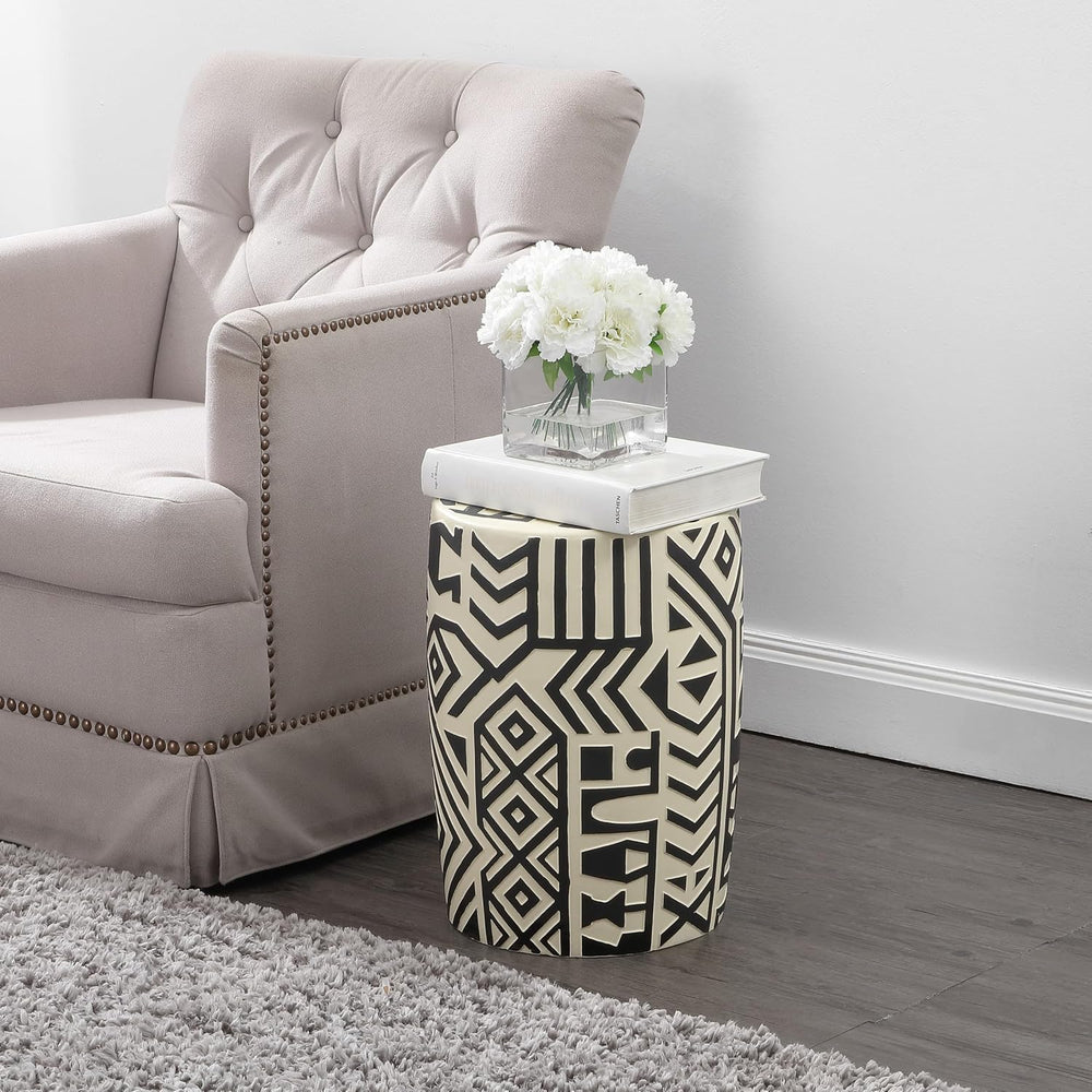 JONATHAN Y Rafi Drum Garden Stool 17.75" Concrete Patio, Black/Cream