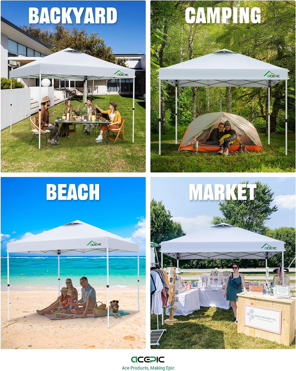 Acepic 8x8 Pop Up Canopy Tent, Vented Top Portable Shelter, White, 8 * 8