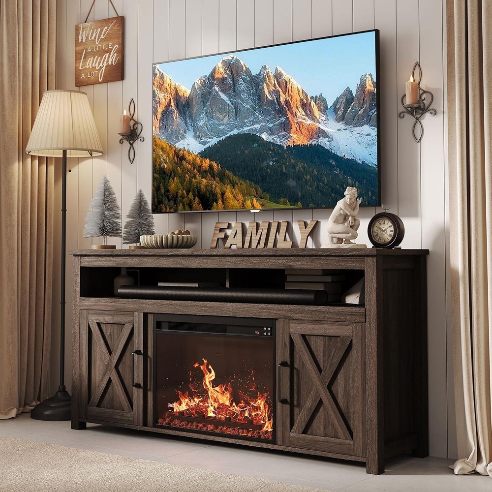 BELLEZE Corin 58" TV Stand with 23" Electric Fireplace - Dark Walnut