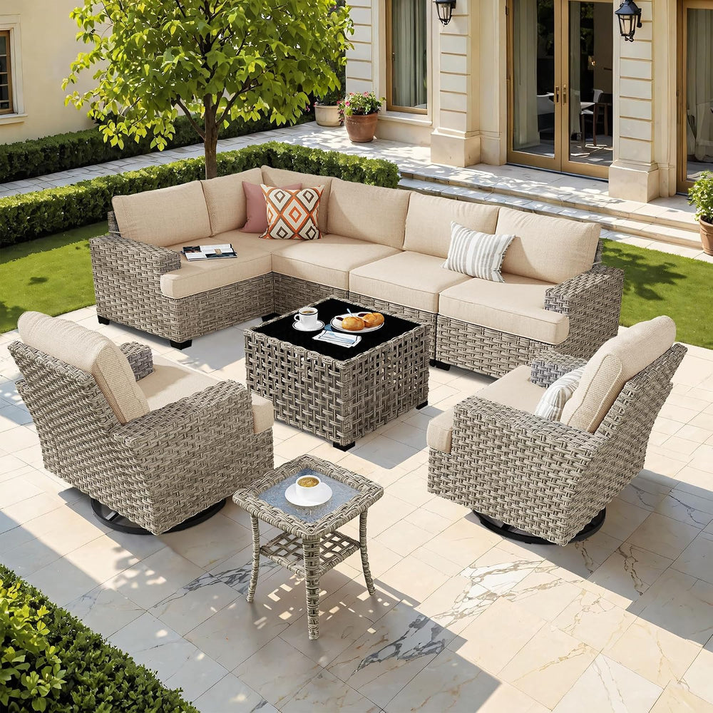 HOOOWOOO Outdoor Sectional Patio Furniture Set,9 Pieces Wicker Conversation S...