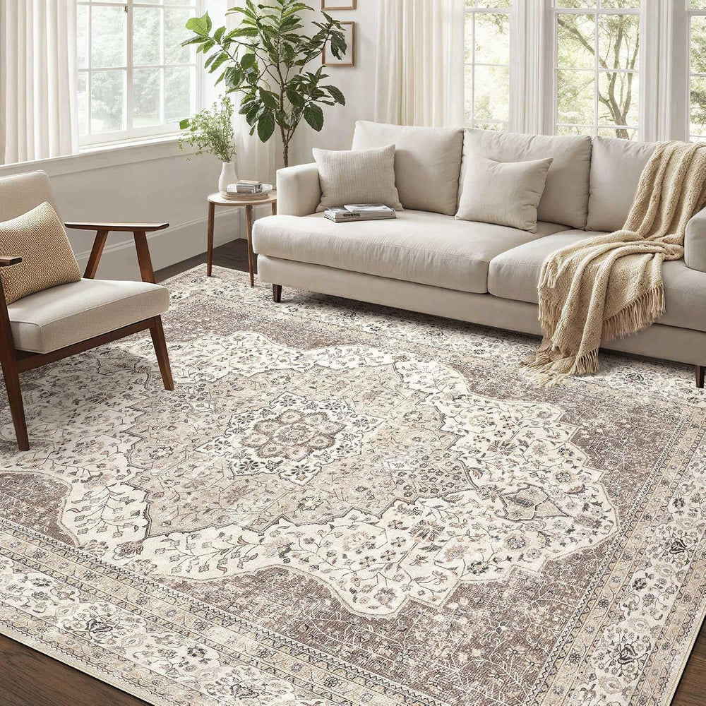 Vintage 10x14 Washable Area Rugs for Living Room, Non Slip, Brown