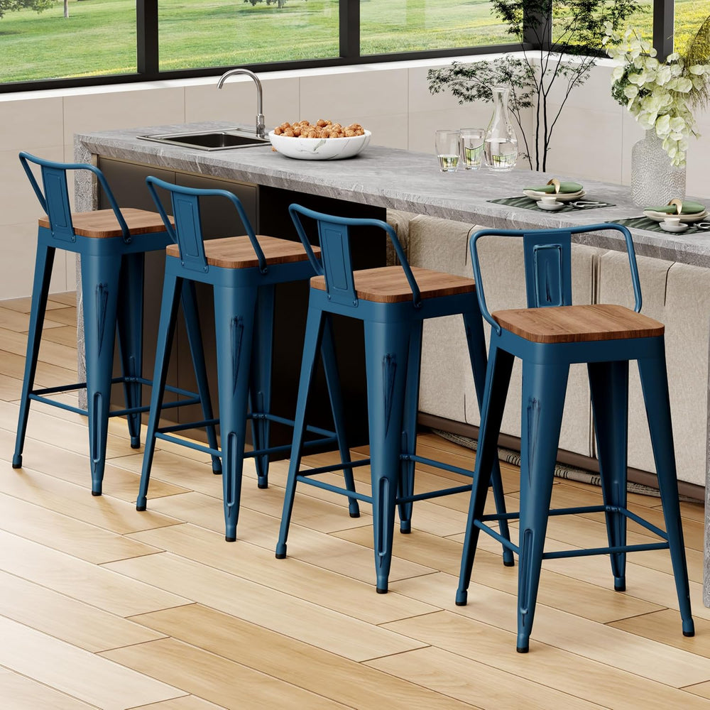 26" Barstools Set of 4 Counter Height Bar Stools Side Chair-Distressed Navy