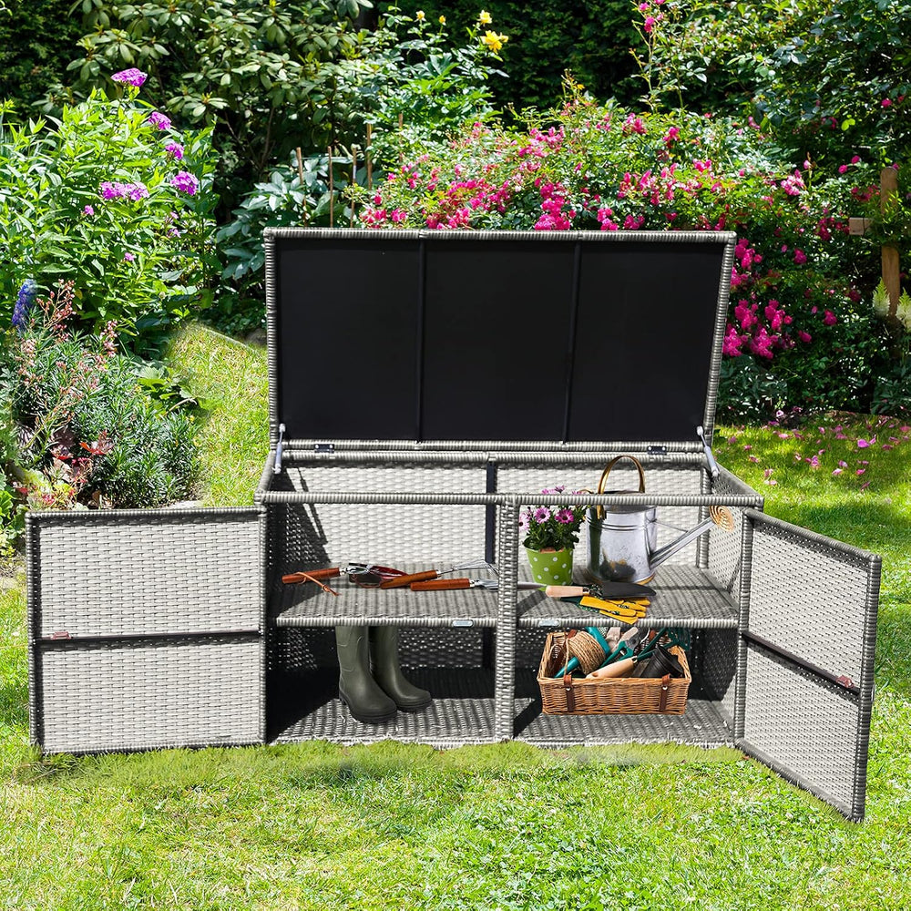 HAPPYGRILL Deck Box Outdoor Patio Pool Storage Box Outside Rattan Wicker Stor...