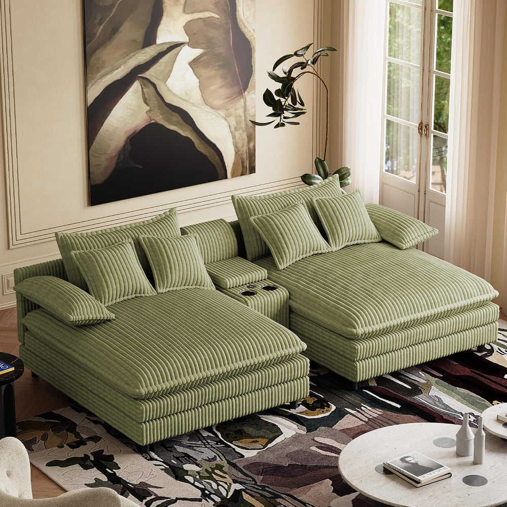 114" Oversized Double Chaise Lounge, Corduroy Sofa Bed with Storage,Green