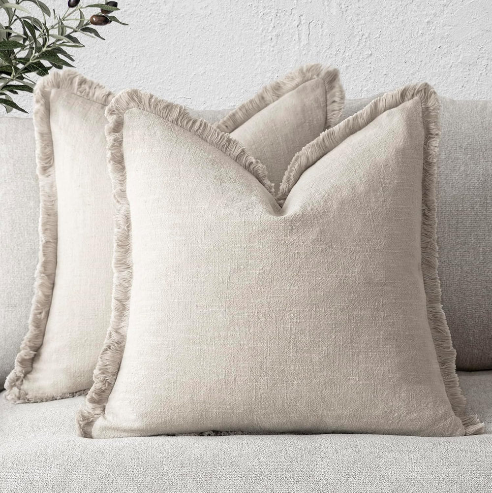 Foindtower Decorative Linen Fringe Throw Pillow Covers 26×26 Inch,Beige